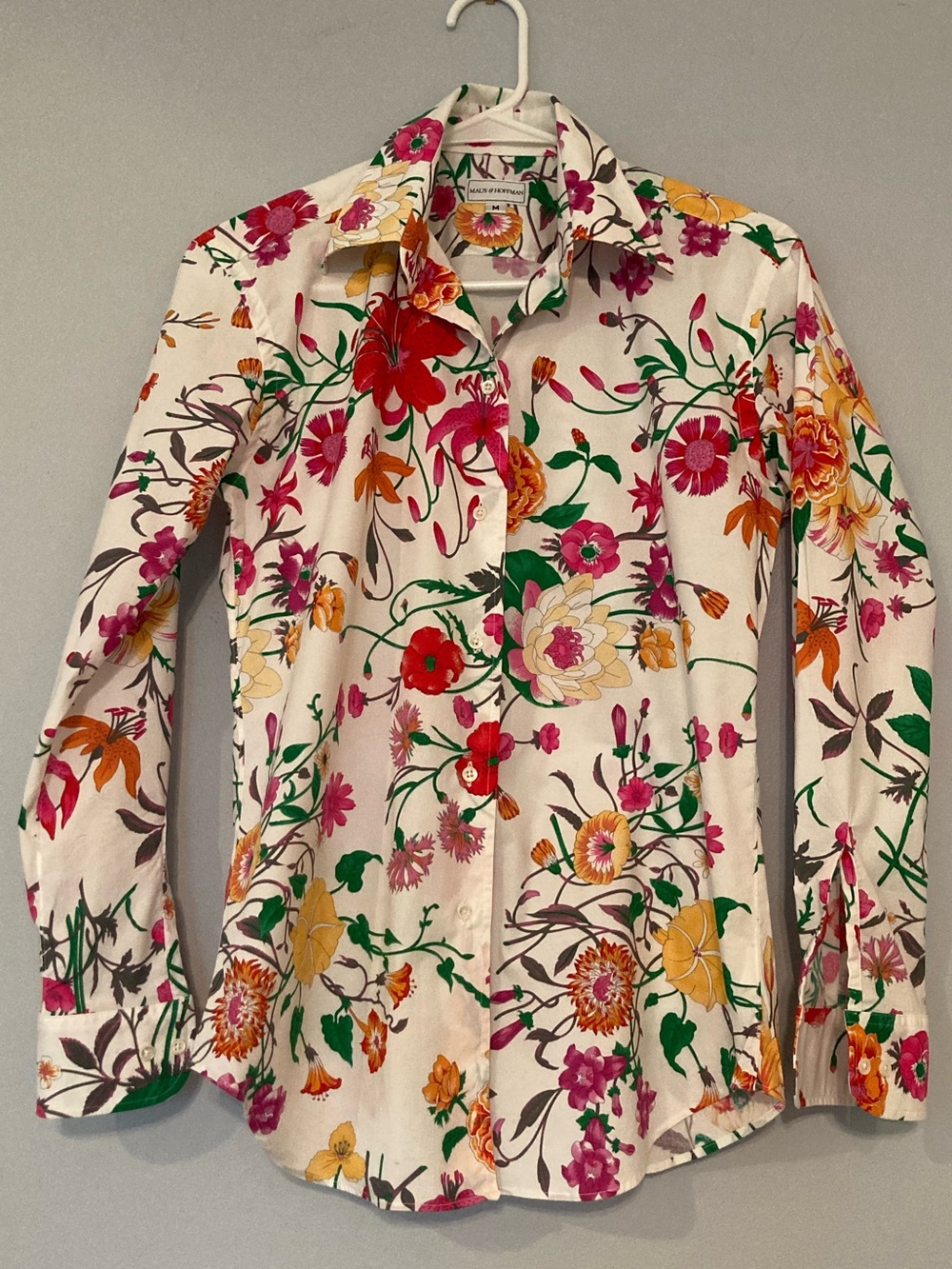 Maus & Hoffman Floral Button-Down Shirt White with Vibrant Blooms sz M Like New